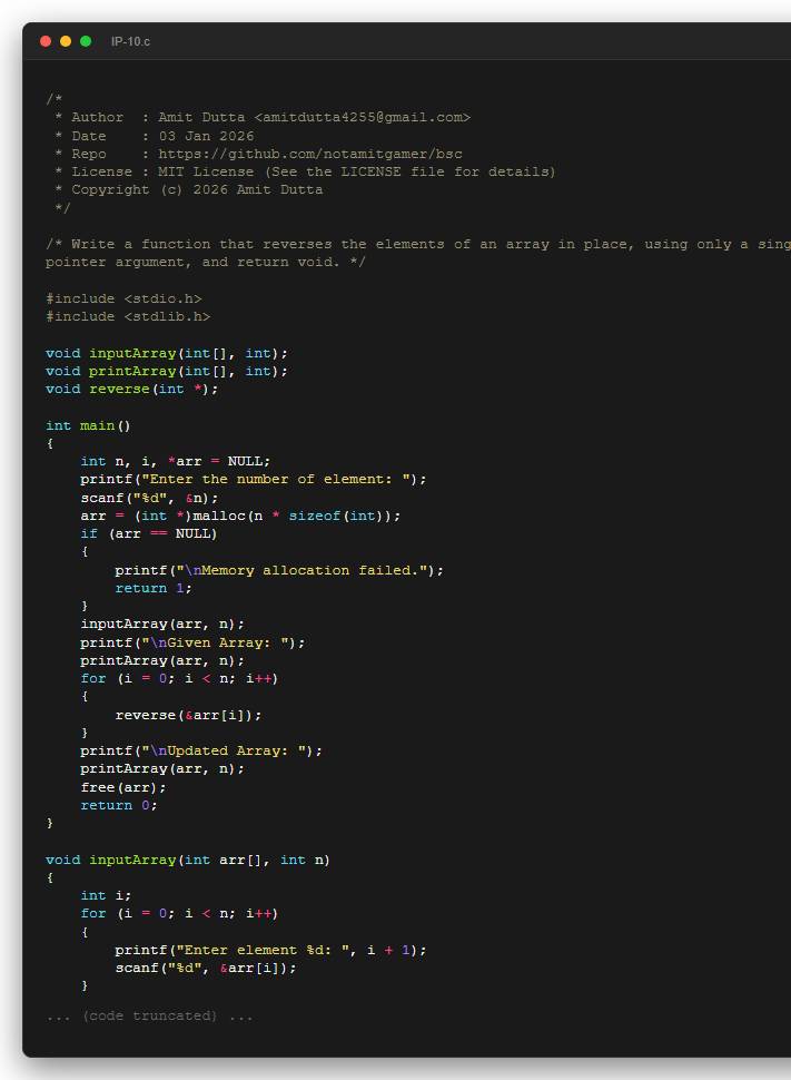 Write a function that reverses the elements of an array in place, using only a single pointer argument, and return void.